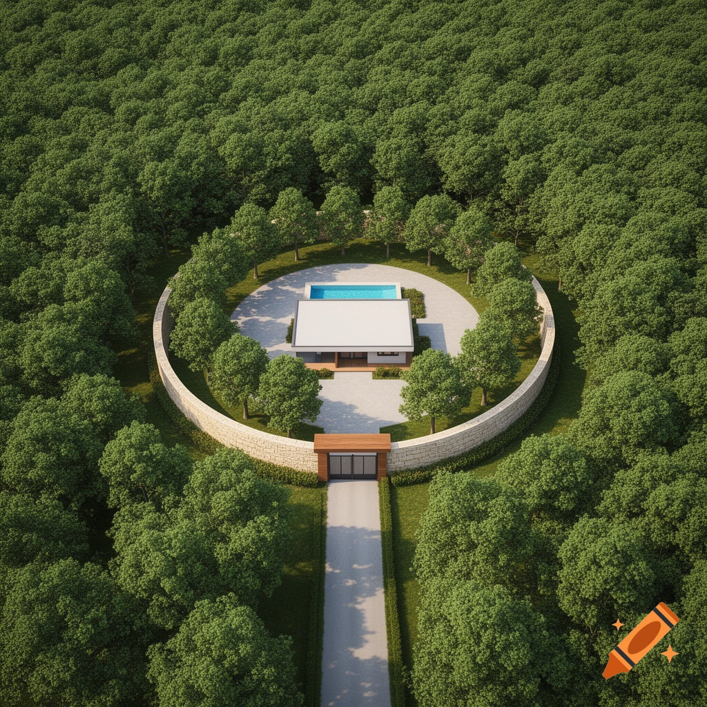 Aerial view of a secluded modern house with a pool in a circular clearing, surrounded by a dense green forest, accessible via a long driveway.