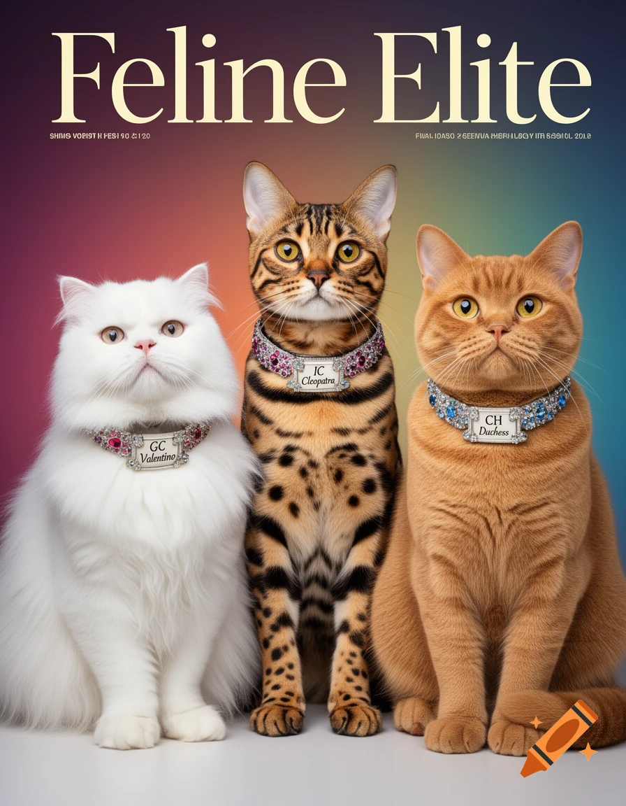A glossy magazine cover titled "Feline Elite" features three show cats: a white Persian, a spotted Ocicat, and an orange British Shorthair, all wearing jeweled collars with nameplates, posing against a vibrant studio backdrop in a high fashion style.