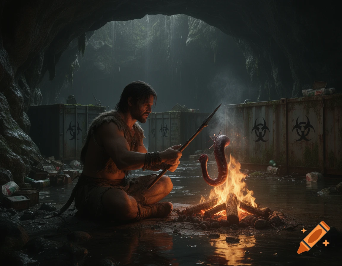 A man in primitive clothing grills a snake-like leech over a fire in a dark, flooded cave filled with biohazard containers.