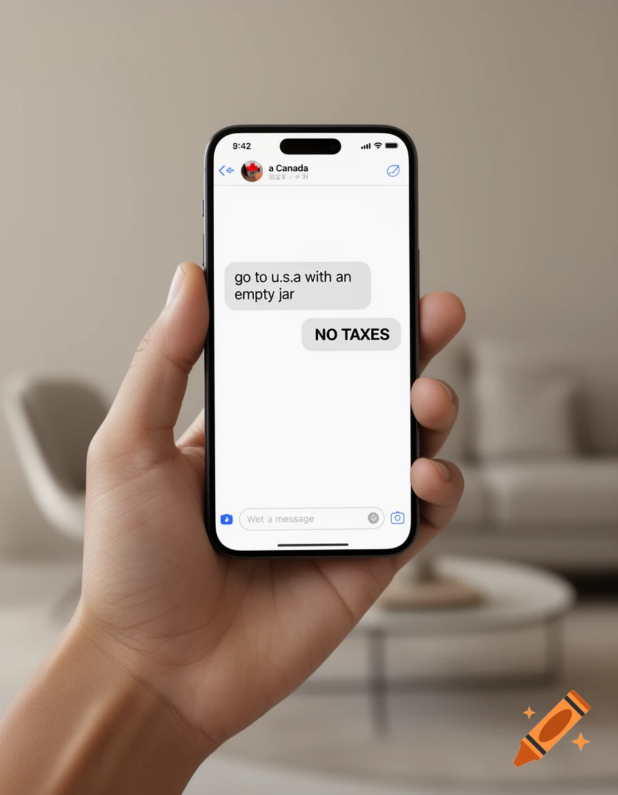 A hand holds a smartphone showing a text conversation: 'go to u.s.a with an empty jar' and 'NO TAXES'.