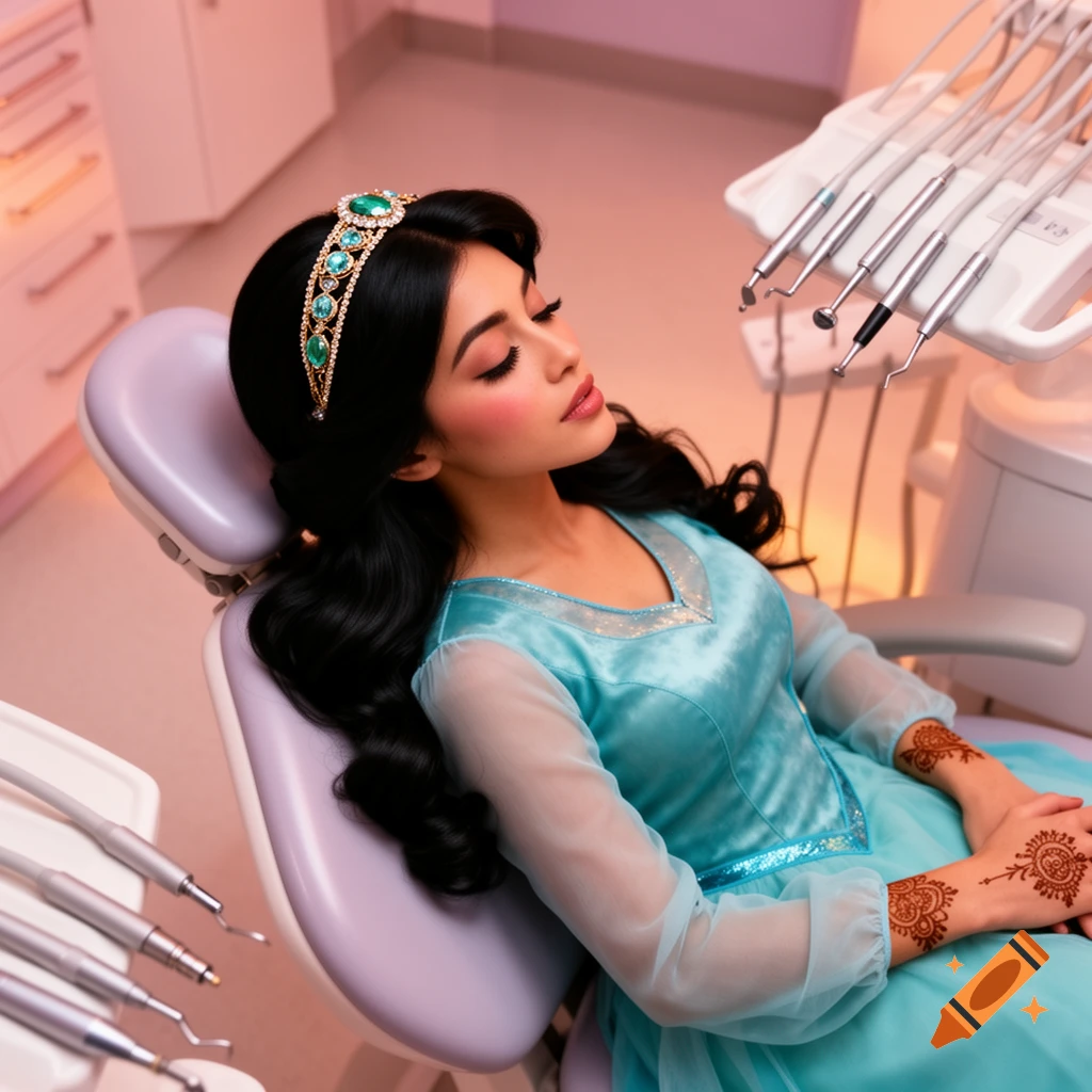 Jasmine from Aladdin lies in a dentist chair with her eyes closed in a photorealistic style.