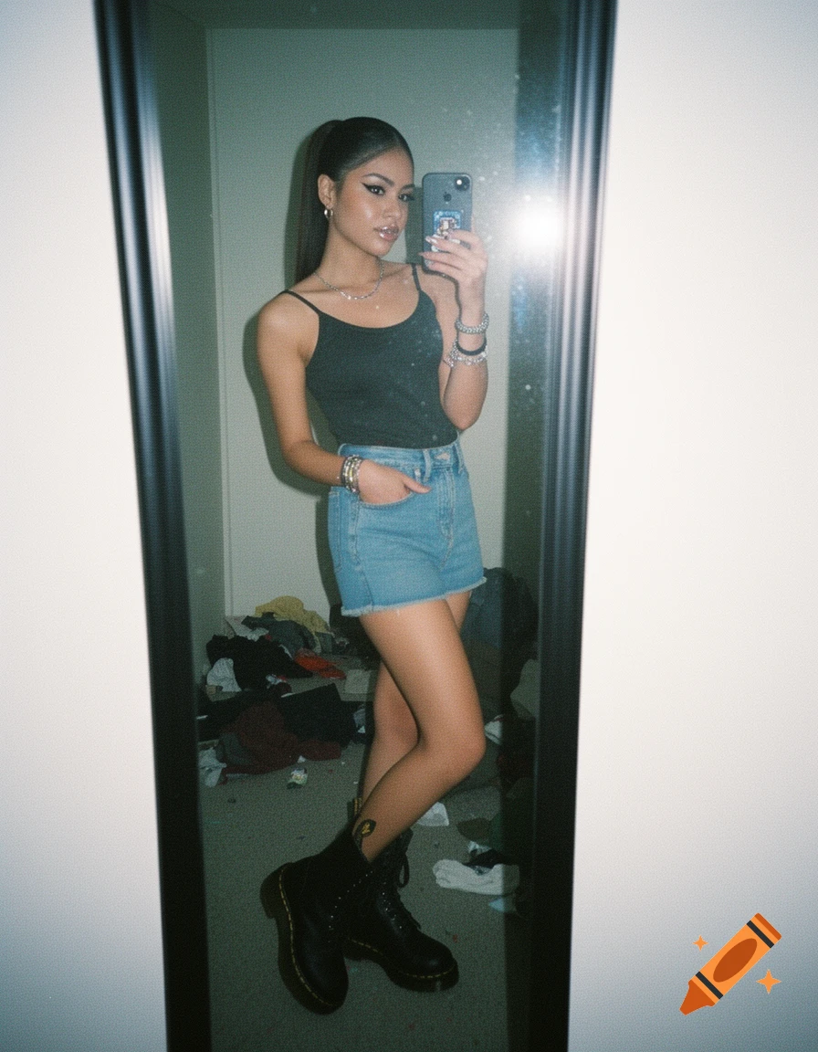 Young woman in black camisole, denim shorts, and black boots takes a grainy, flash-lit full-body mirror selfie in a cluttered room.