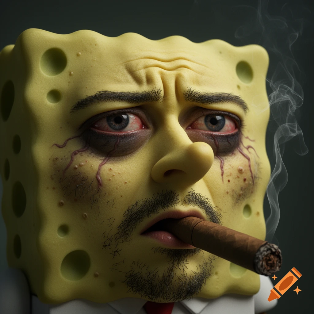 A hyperrealistic, depressed Spongebob-like character with facial hair, bloodshot eyes, eyebags, varicose veins, smoking a cigar.