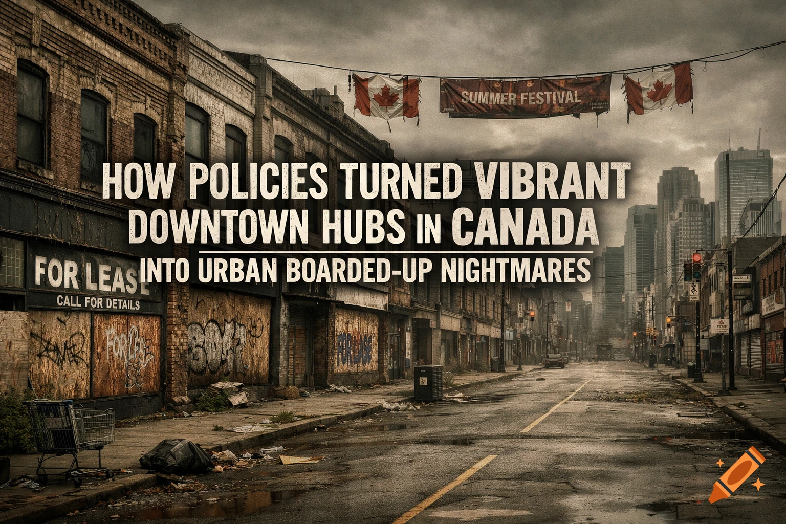 A desolate urban street in Canada with boarded-up buildings, graffiti, and trash. Large text reads: 'HOW POLICIES TURNED VIBRANT DOWNTOWN HUBS IN CANADA INTO URBAN BOARDED-UP NIGHTMARES'.
