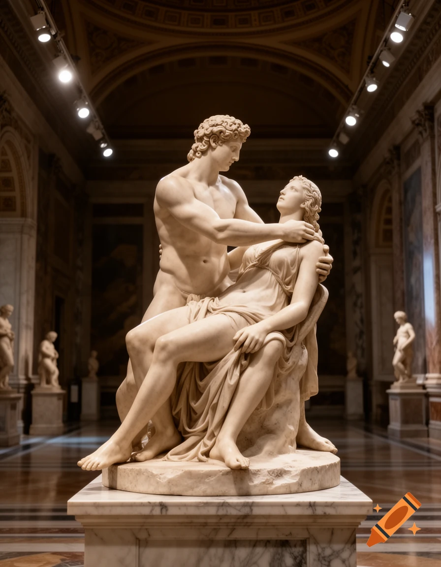 A classical marble sculpture of a man embracing a draped woman, set in a grand museum hall with other statues in the background.