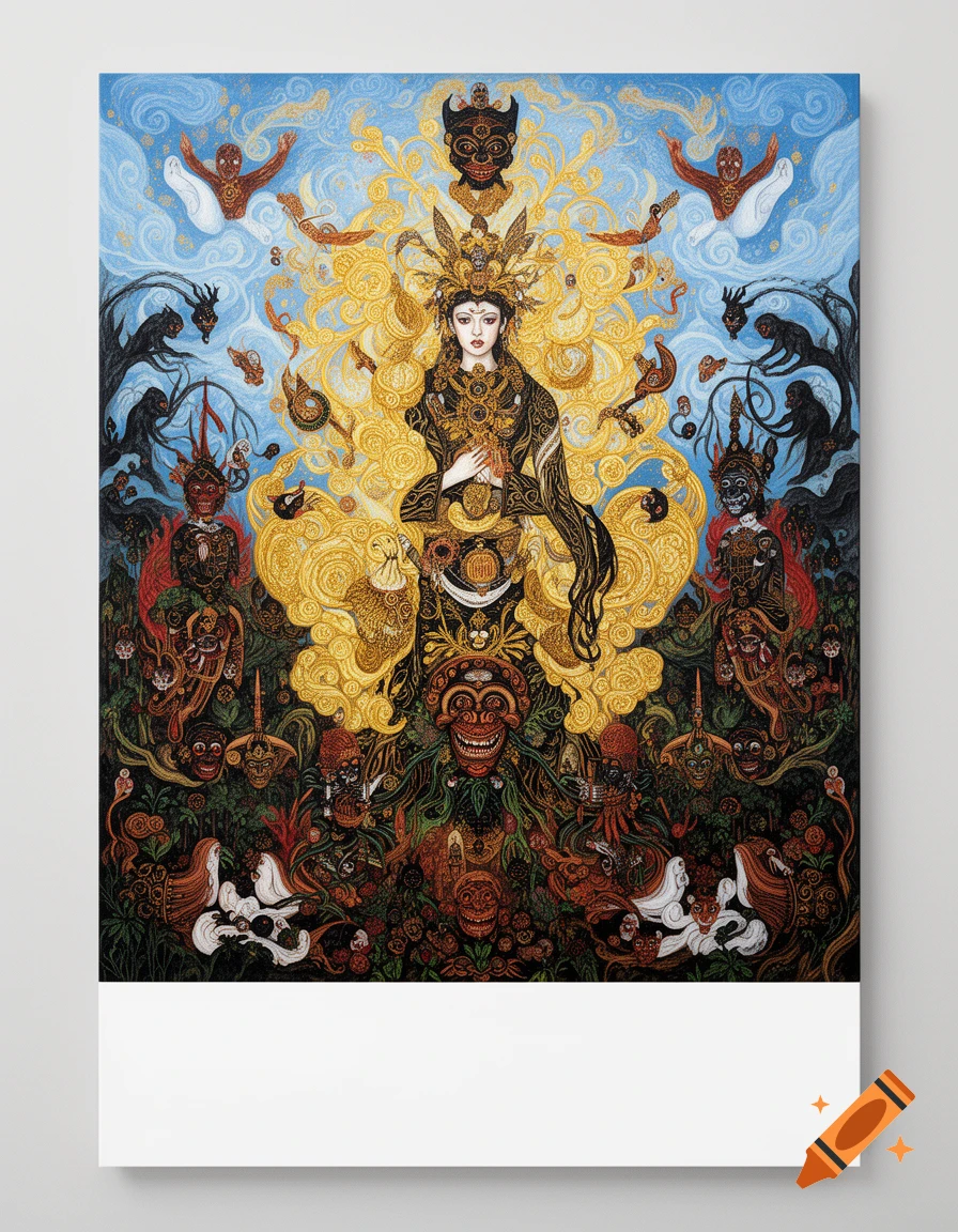 An intricate, highly detailed painting in a fusion of styles, depicting a central deity-like figure surrounded by masks and creatures.