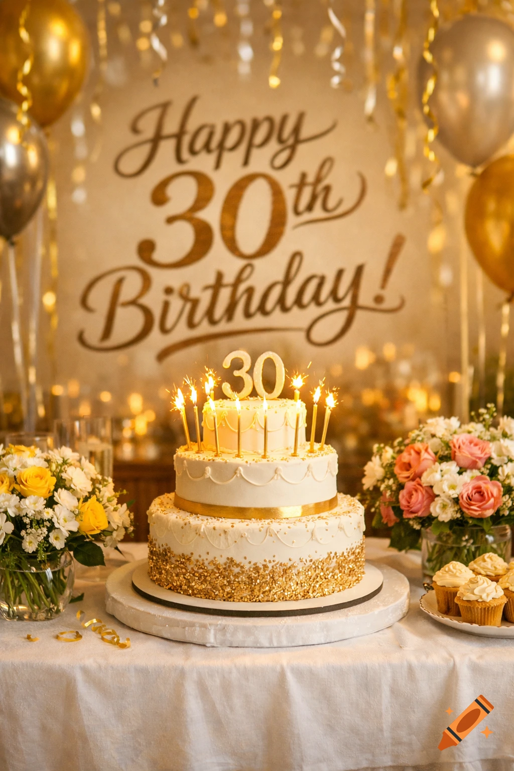 A photorealistic image of a two-tiered white and gold birthday cake with "30" candles, flowers, cupcakes, and balloons, against a backdrop reading "Happy 30th Birthday!"