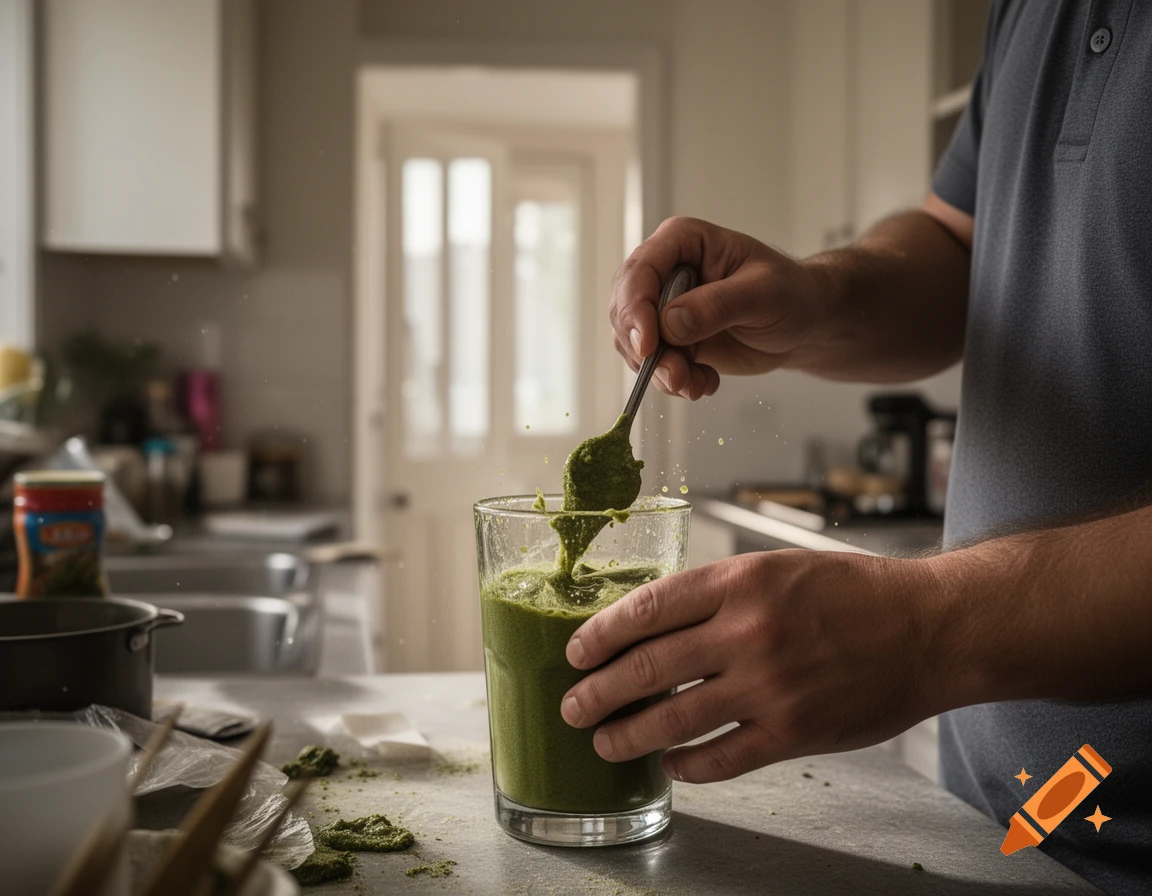 A man's hands stir a thick green mixture in a glass with a spoon, creating splashes in a photorealistic kitchen scene.