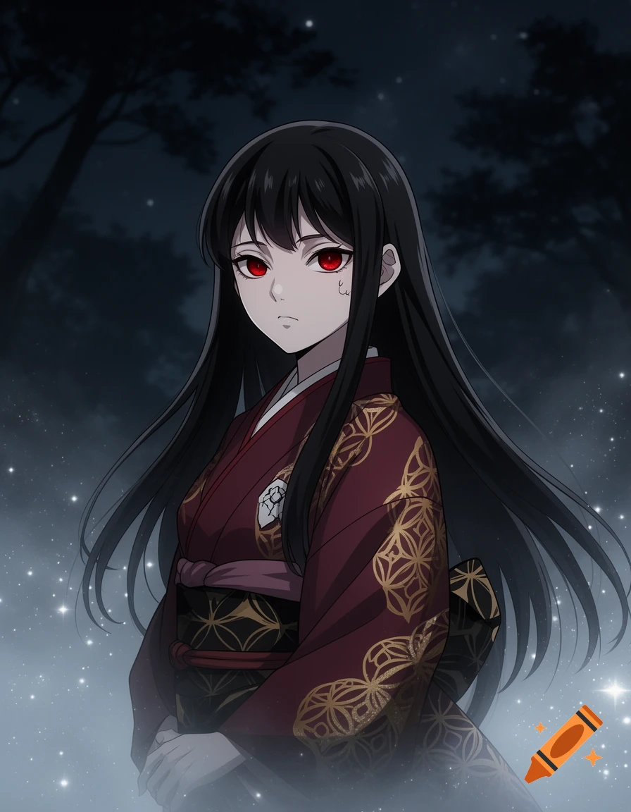 Anime girl with long black hair and red eyes in a red and gold kimono ...