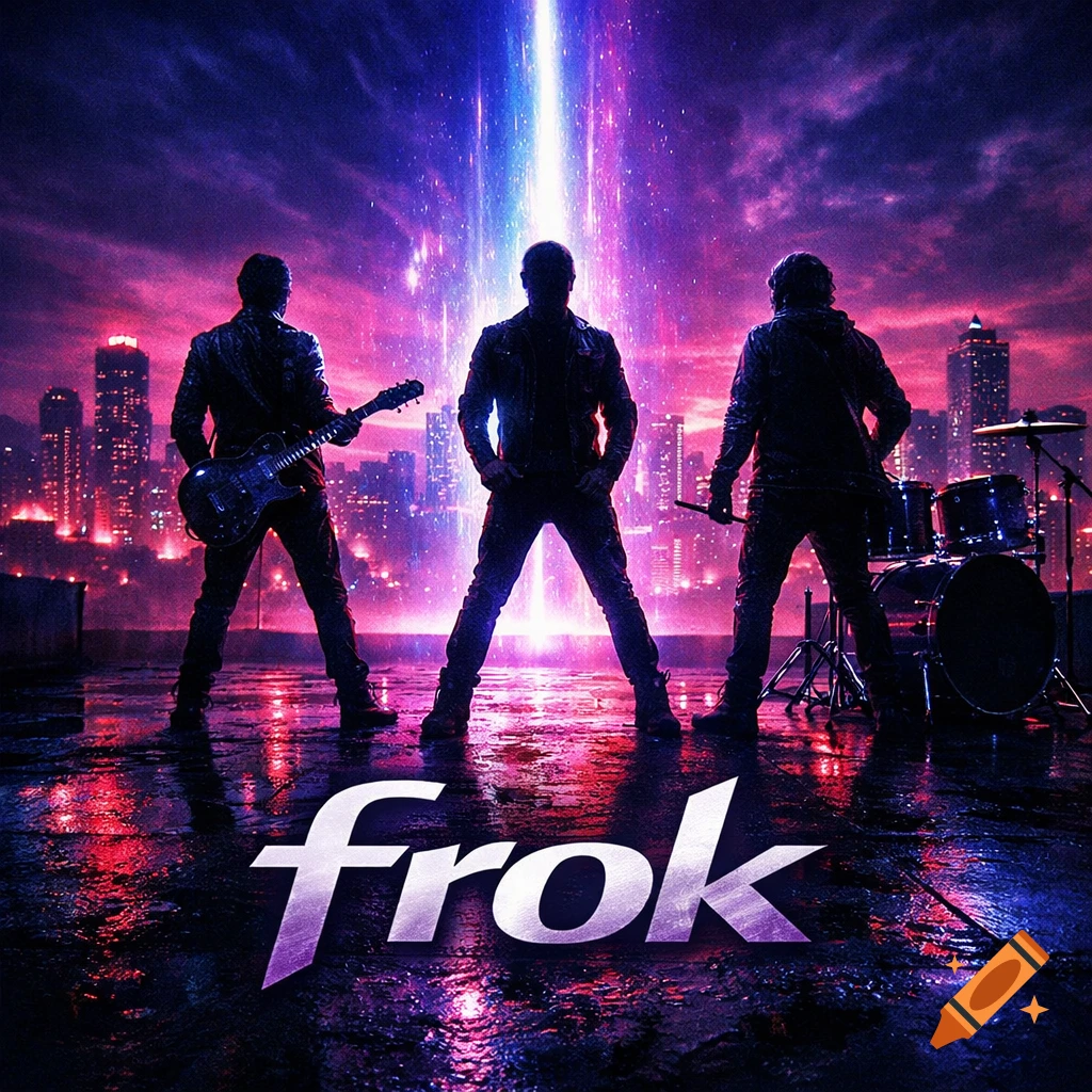 A rock band, silhouetted against a futuristic city with neon lights, stands on a wet rooftop under a glowing energy beam. The word 'frok' is prominent.