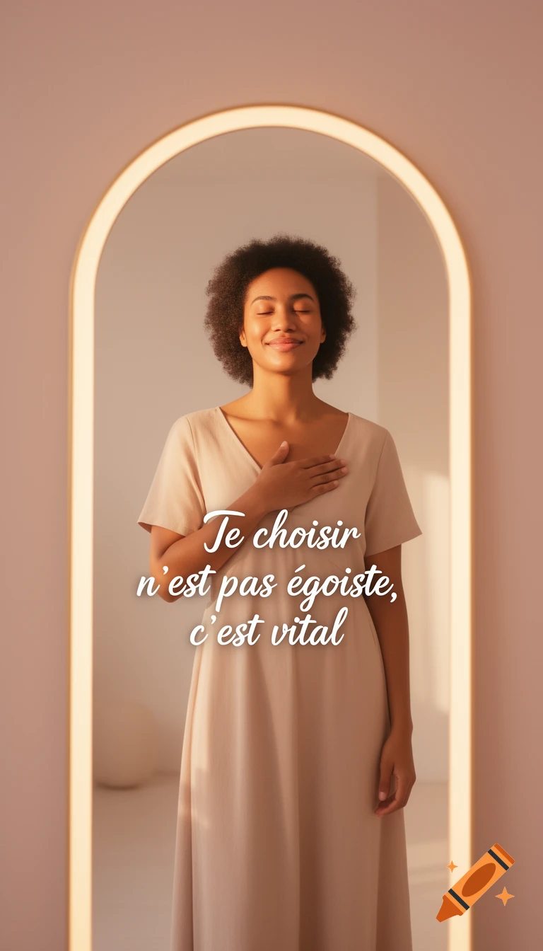 A woman with dark curly hair, eyes closed, hand on her chest, smiles peacefully in front of a glowing arched mirror. French text about self-worth is overlaid.