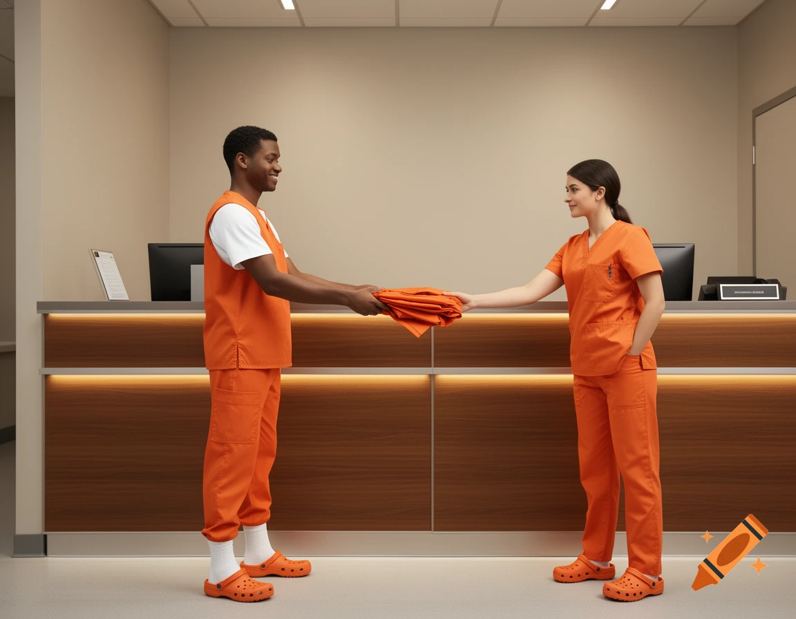 A man and a woman in orange scrubs, white t-shirts, white socks, and orange crocs exchange folded scrubs at a reception desk.