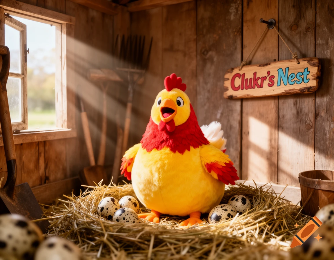 A photorealistic image of a plush chicken sitting on a hay nest with eggs in a rustic wooden coop, sunbeams shining through a window.