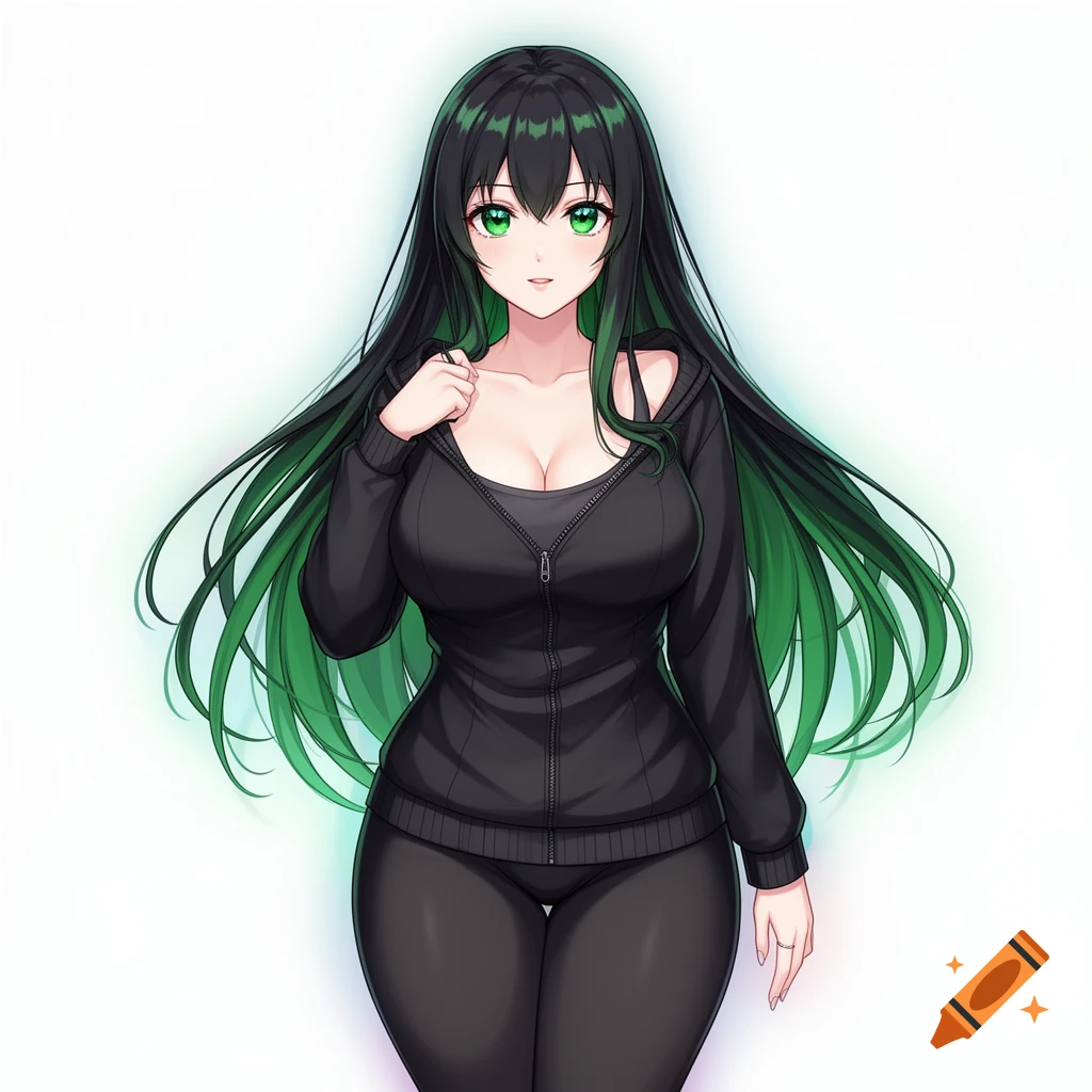 An anime girl with long black and green hair and green eyes, wearing a ...