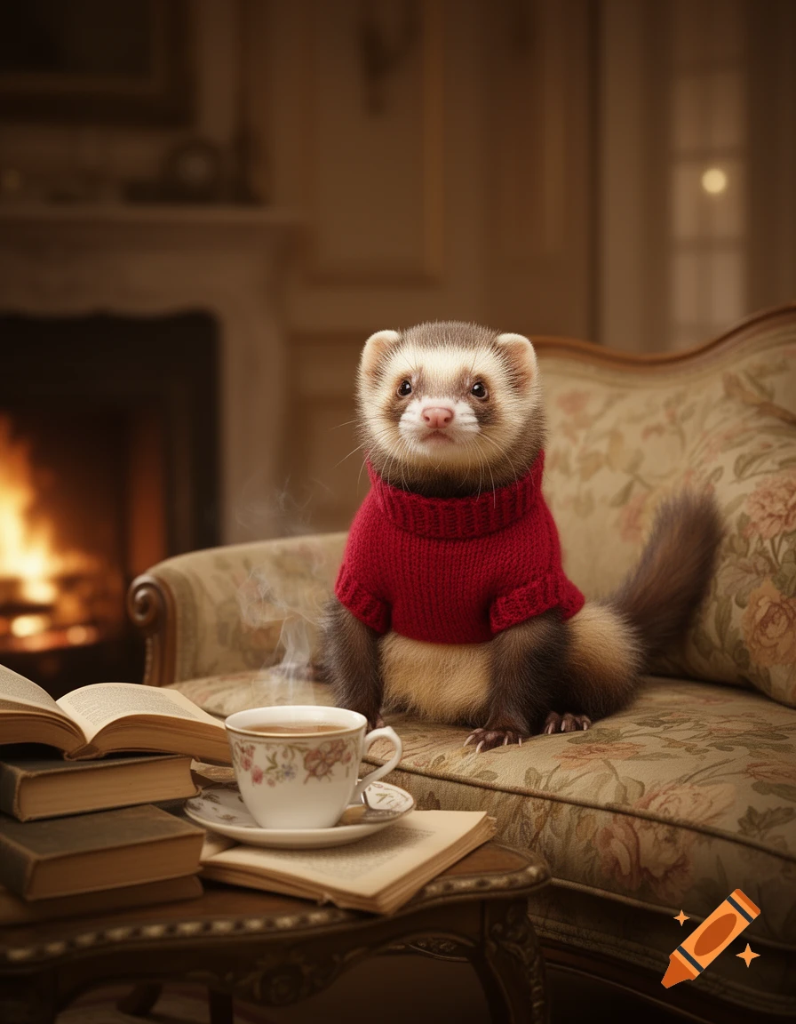 A cute photorealistic ferret in a red sweater sits on a patterned couch next to books and a steaming cup of tea by a fireplace.