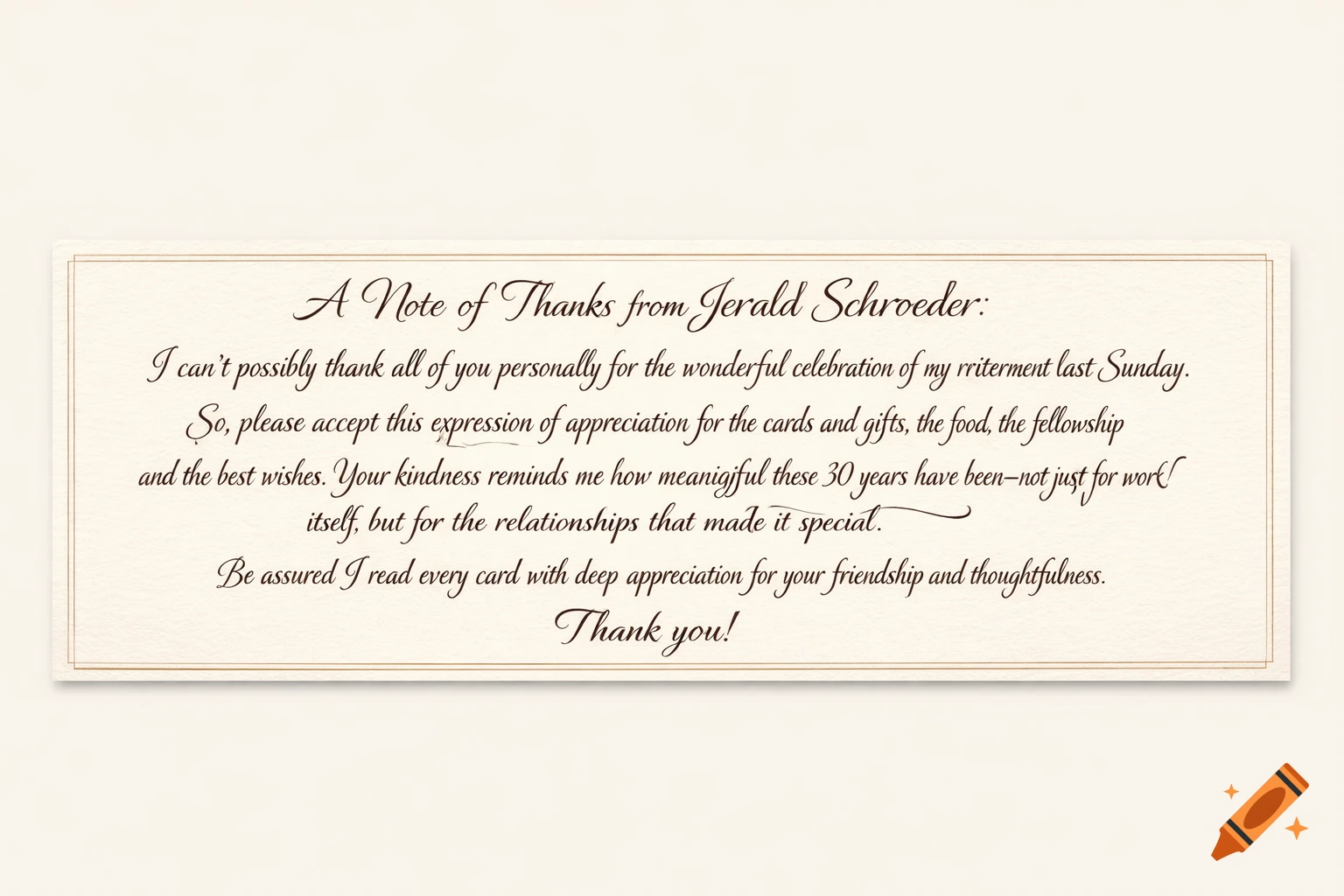 A cream-colored thank you note with a double-line border, featuring elegant brown script text.