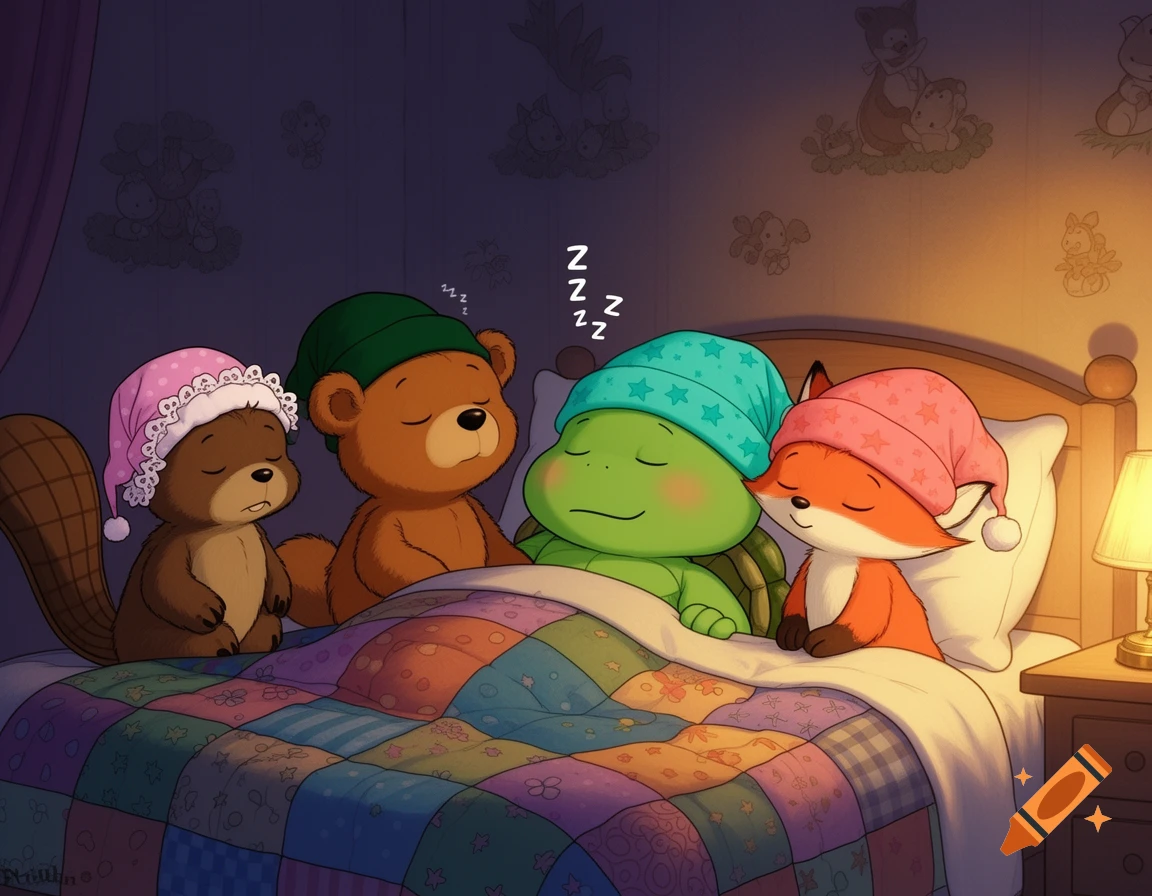 A beaver, bear, turtle, and fox in nightcaps sleep cozily in a bed, in a children's storybook style.