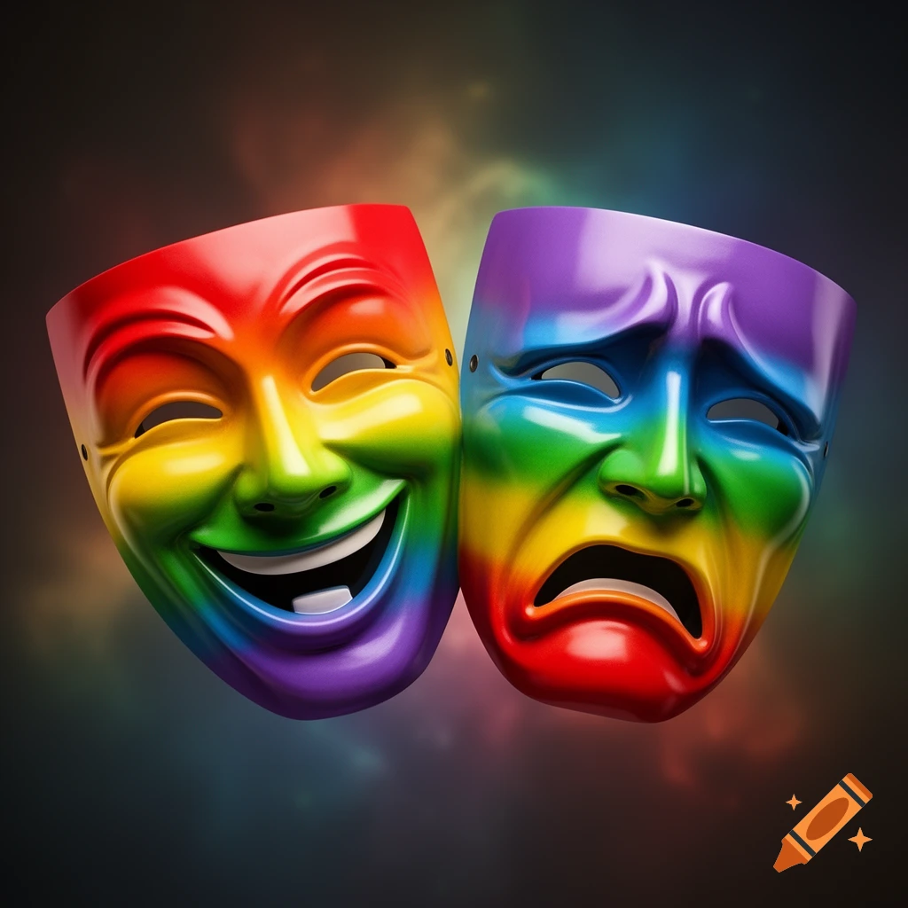 Two rainbow-colored theatre masks, one smiling and one frowning, against a dark, subtly lit background.