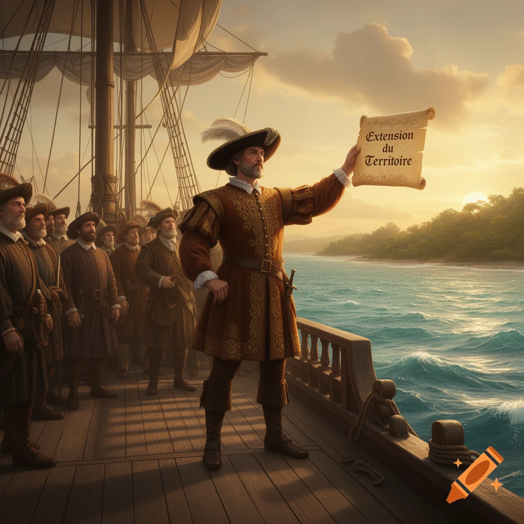 A colonial explorer on a ship holds a scroll, looking at new land. Other men stand behind him. Photorealistic art.