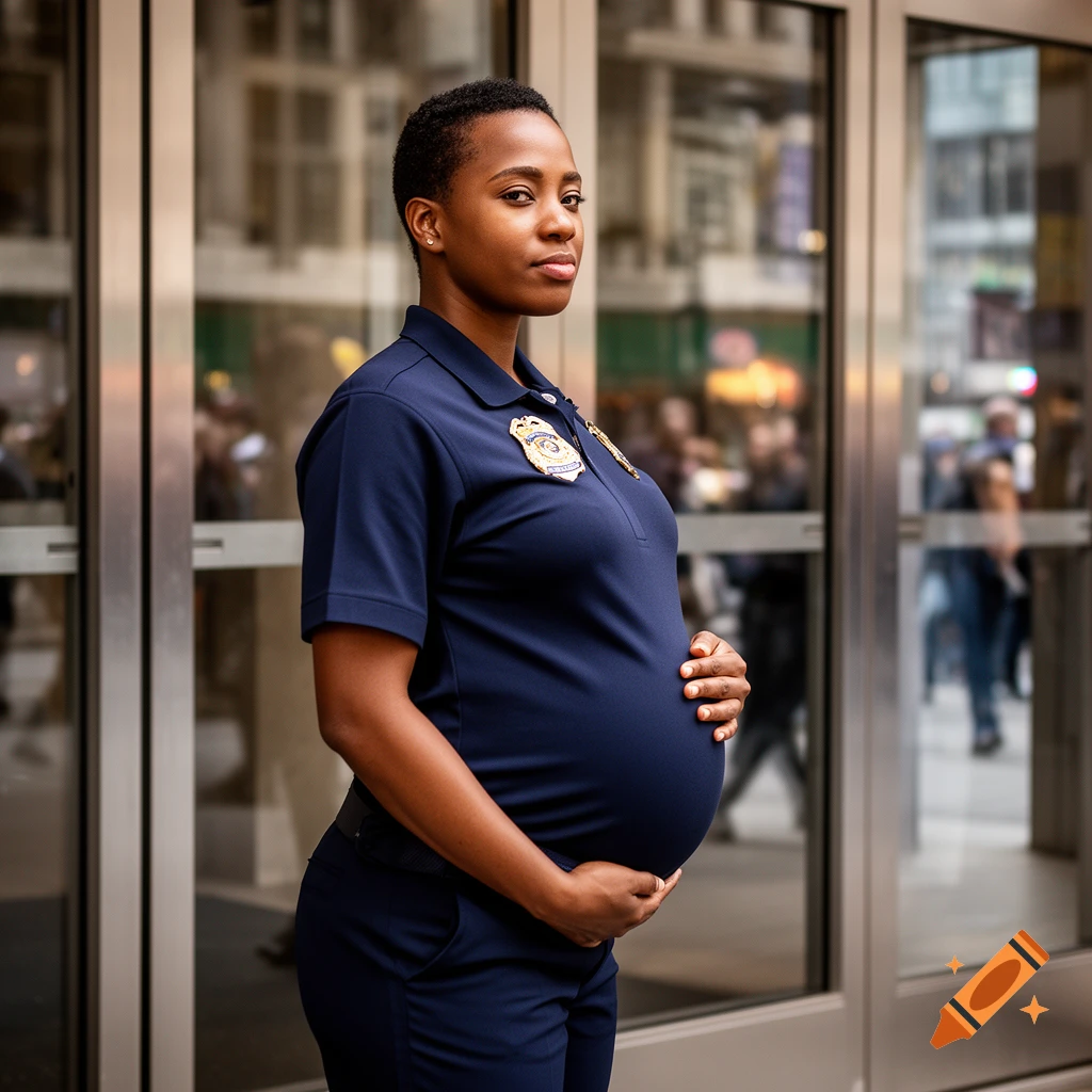 A pregnant Black woman in a navy security guard uniform, hands cradling her baby bump, stands in front of a glass building.