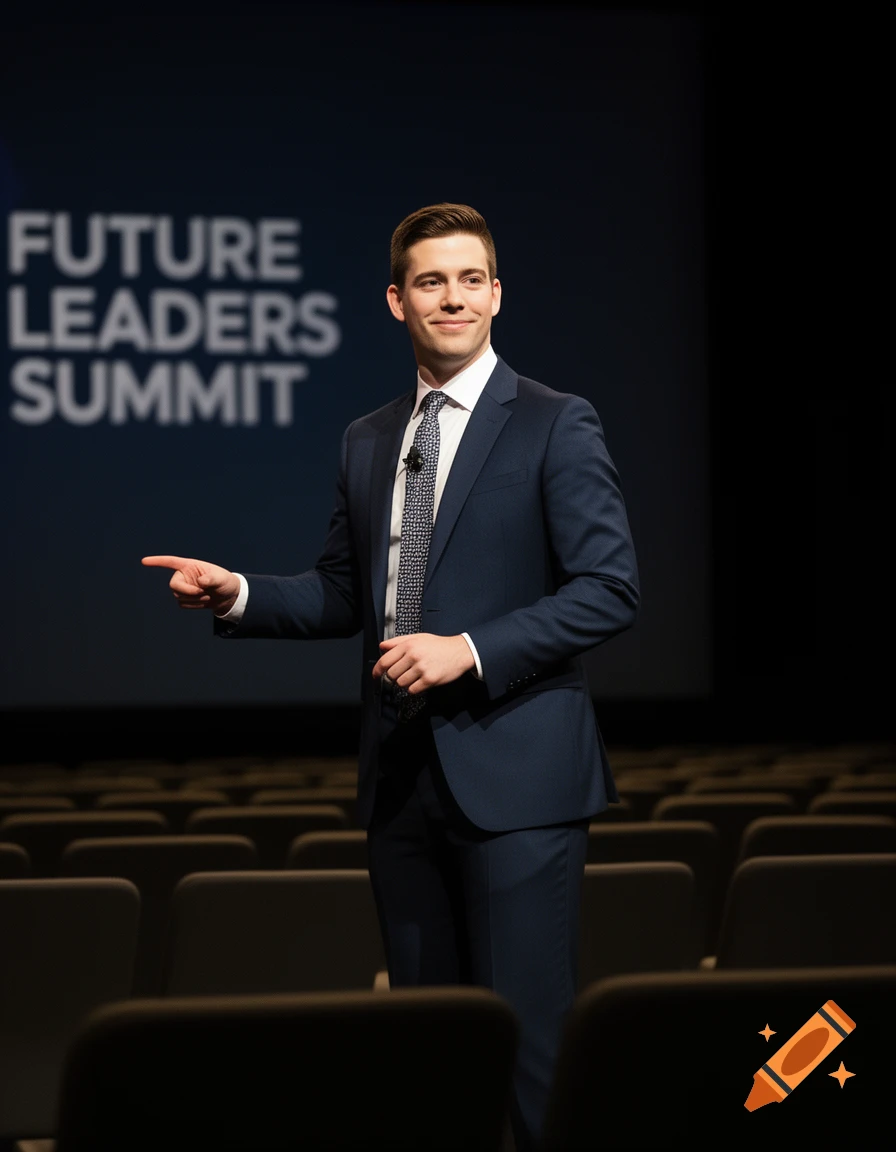 A man in a navy suit and patterned tie points while speaking on a stage with a screen displaying 'FUTURE LEADERS SUMMIT' behind him.