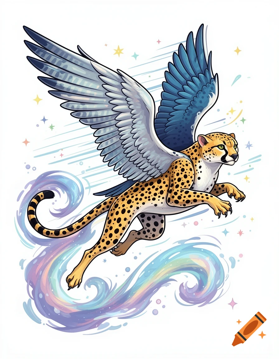 A cartoon cheetah with large blue and white wings flies, leaving a swirling rainbow trail.