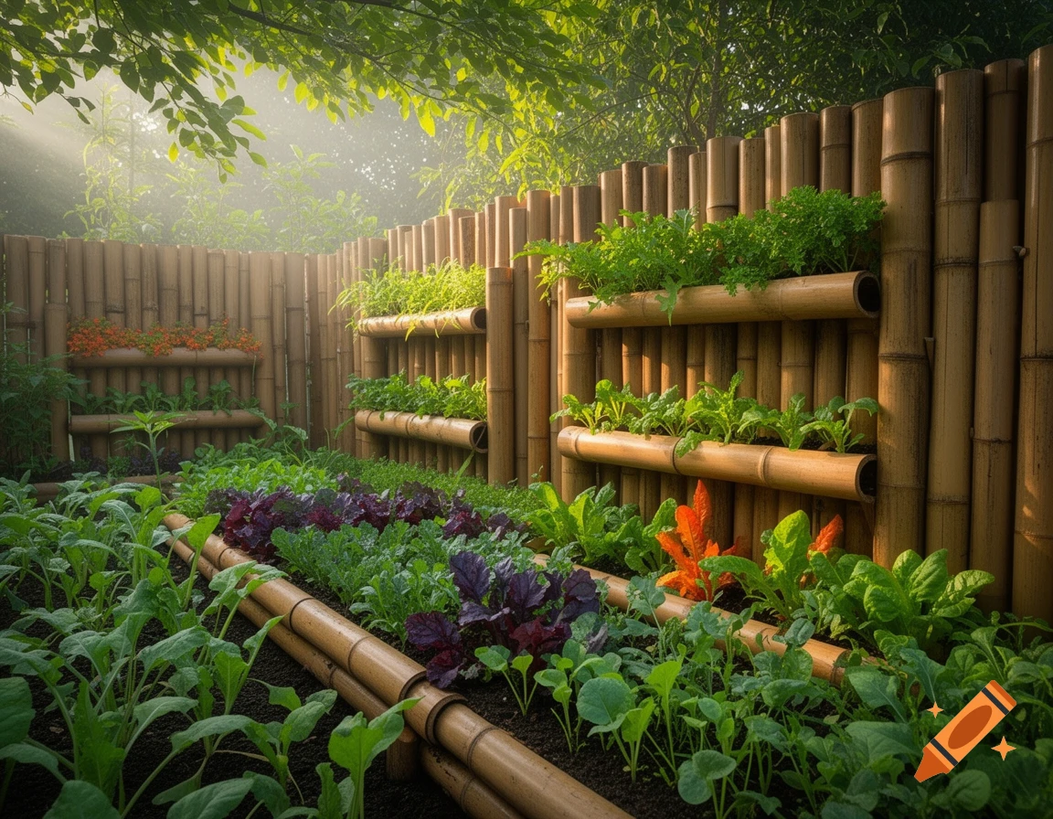 A lush, sunlit vegetable garden featuring rows of leafy greens and a bamboo fence with vertical bamboo planters.