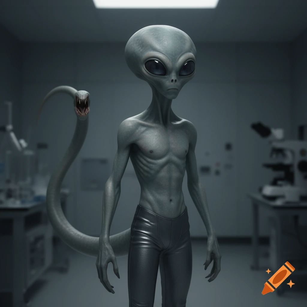 Realistic grey alien with a long, hairless tail ending in a mouth, wearing pants, standing in a dimly lit laboratory.
