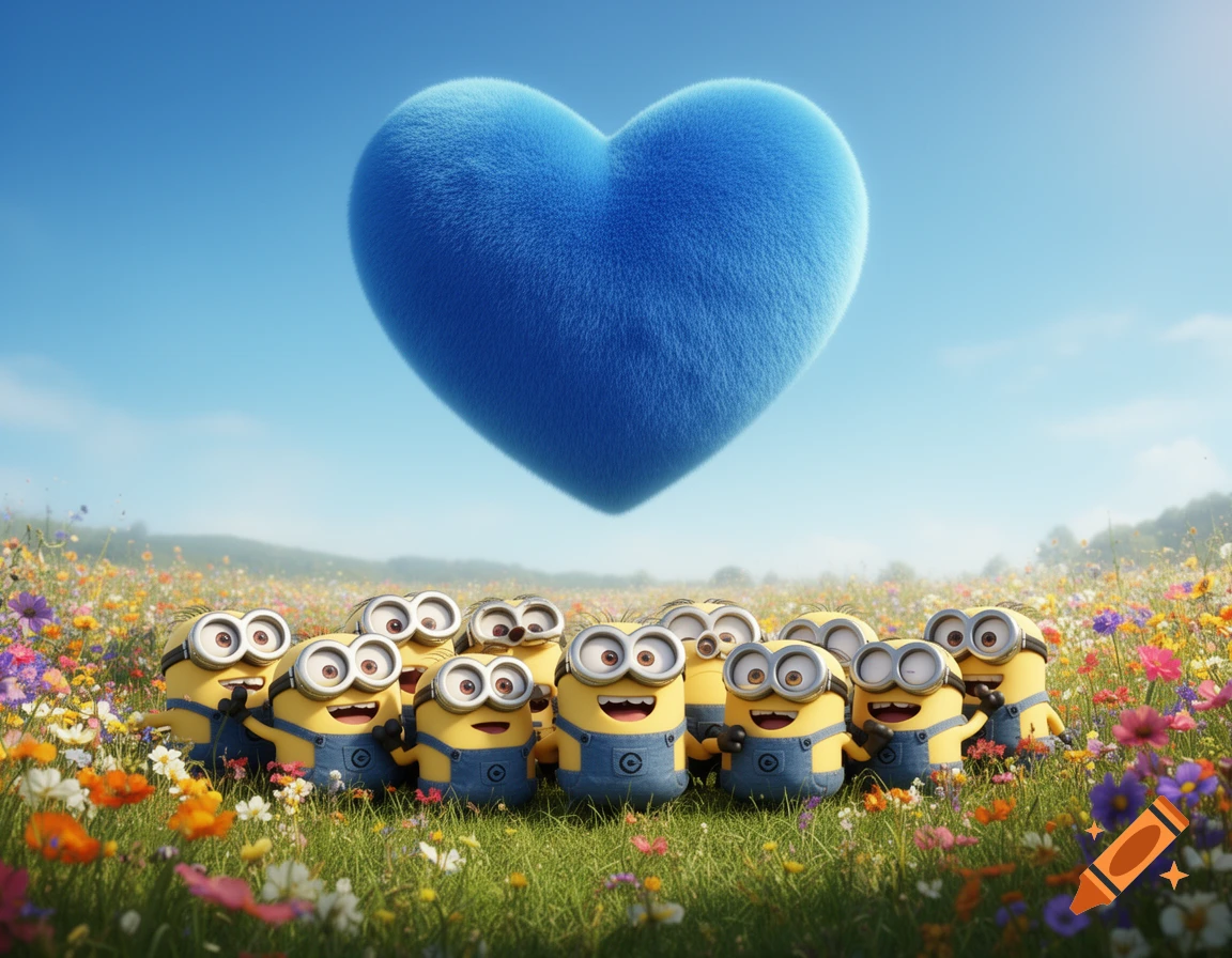 A group of happy Minions standing in a vibrant flower field under a blue sky, with a giant fluffy blue heart floating above them.