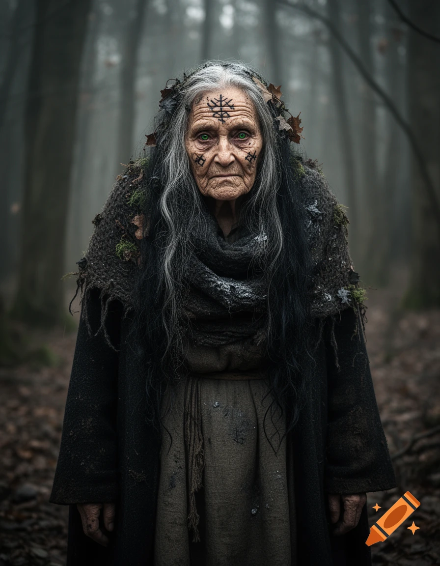 A creepy old woman with piercing green eyes, long grey hair tangled with leaves, and symbols on her face, stands in a dark, misty forest.
