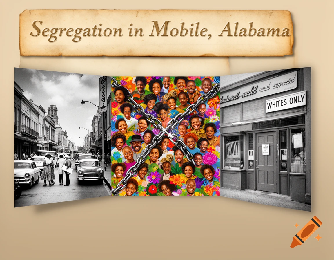 A stylized trifold image about segregation, featuring a vibrant collage of smiling Black faces framed by chains, flanked by black and white street scenes of Mobile, Alabama, with signs like "WHITES ONLY" and "Segregation in Mobile, Alabama" on a scroll.