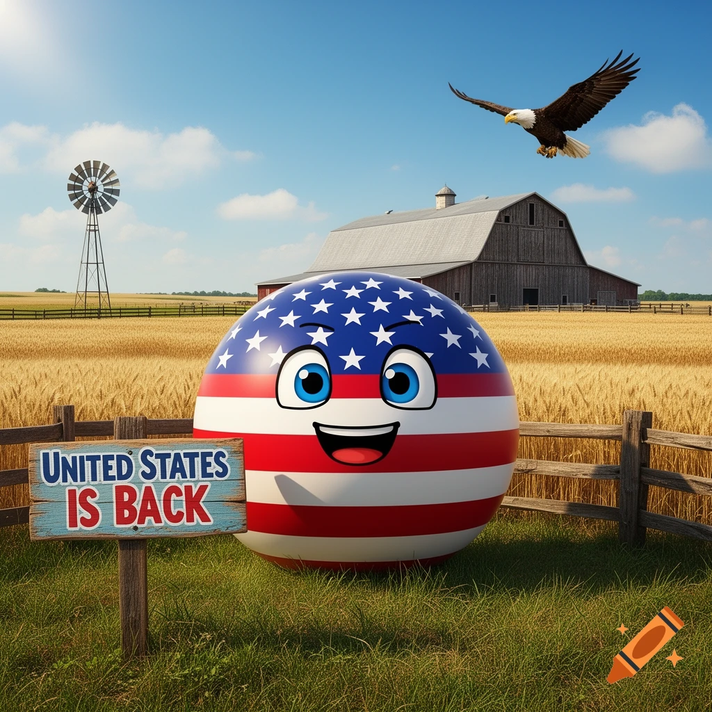 A happy American flag ball in a sunny wheat field with a barn, windmill, and flying eagle. A sign says UNITED STATES IS BACK.