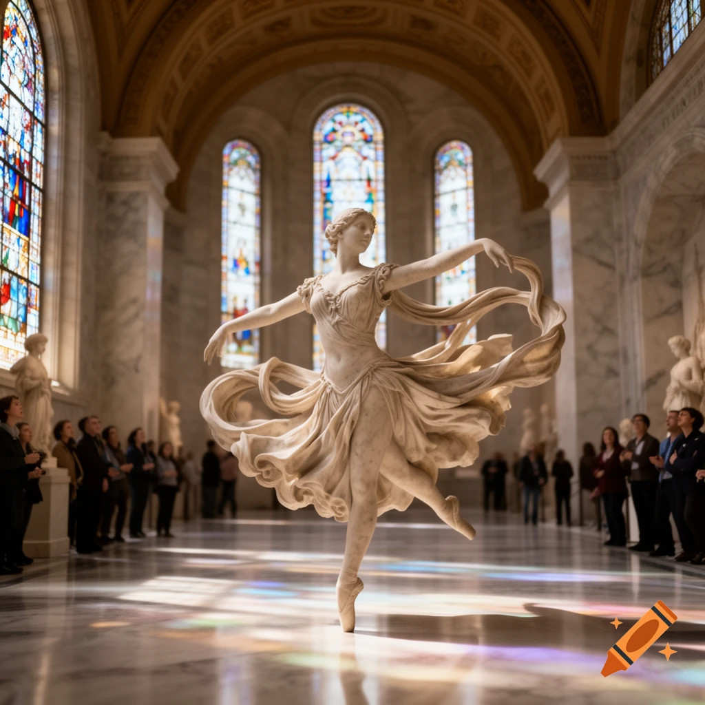 Photorealistic marble statue of a ballerina dancing en pointe in a grand museum hall with stained glass windows and blurred onlookers.