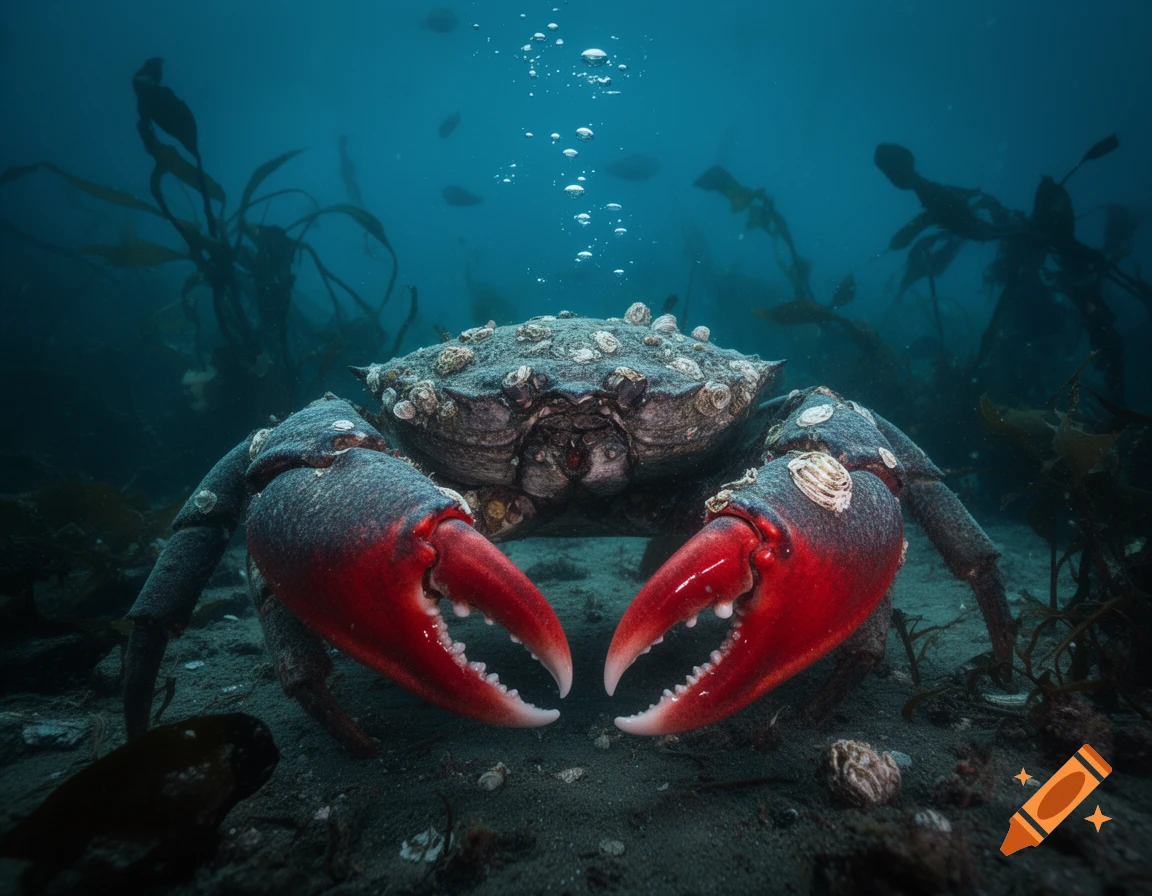 A close-up, photorealistic shot of a deep-sea crab with large red claws, resting on the ocean floor with kelp in the background.