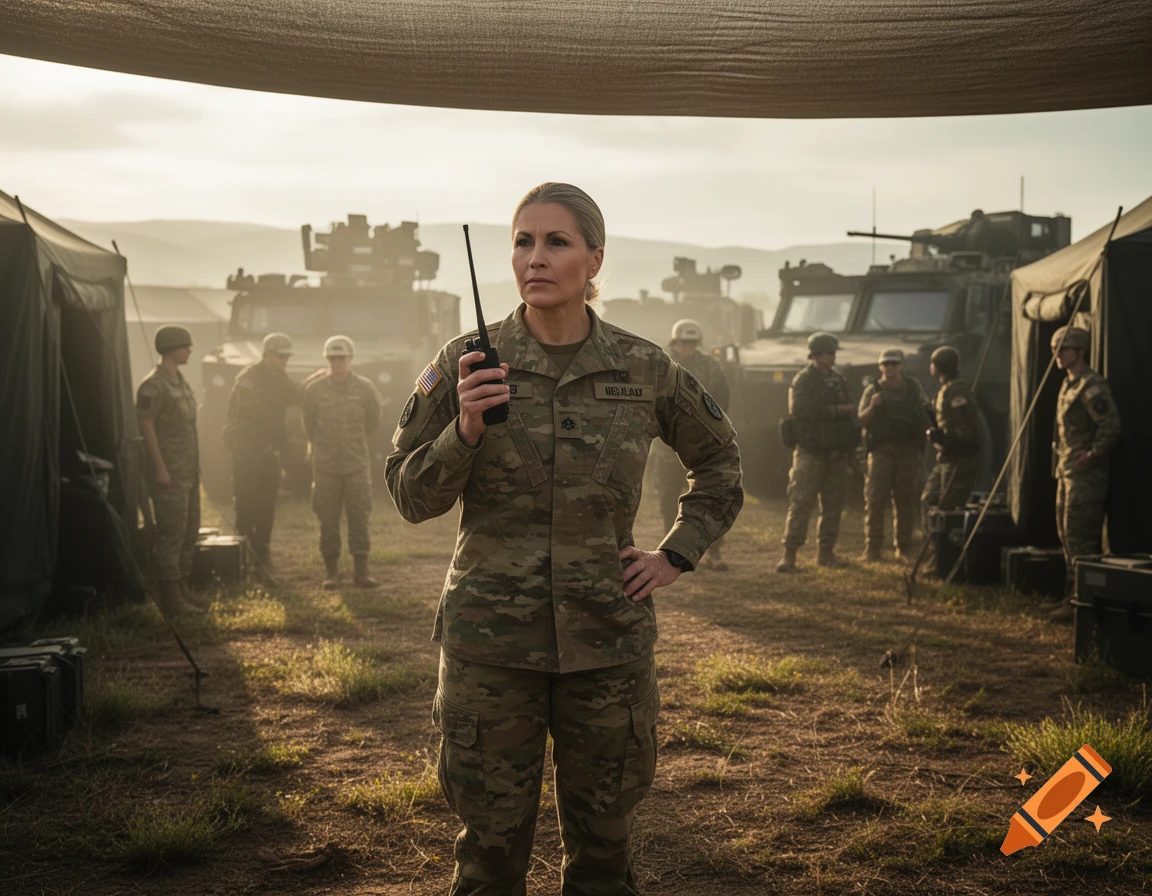 A female soldier in camouflage uniform holds a walkie-talkie, looking determined amidst a military camp with other soldiers and vehicles in the background at sunset.