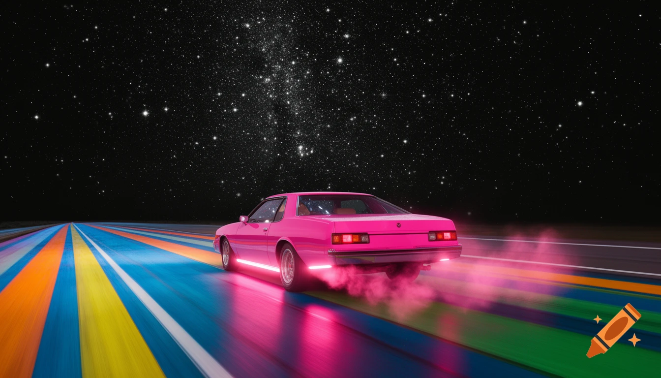 A hot pink car with glowing underside and pink exhaust fumes speeds down a multi-colored highway under a starry black sky.