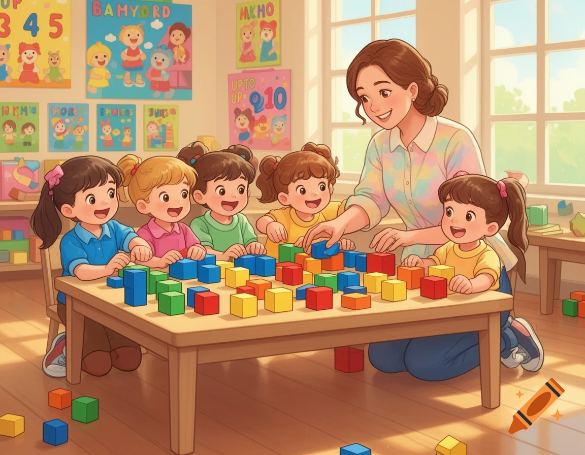 A friendly illustration of a teacher and five kindergarten students counting colorful blocks on a table in a bright classroom.