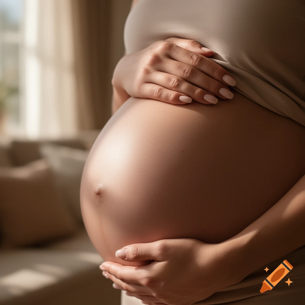 A pregnant woman's hands gently cradle her belly in soft, natural light, a photorealistic close-up.