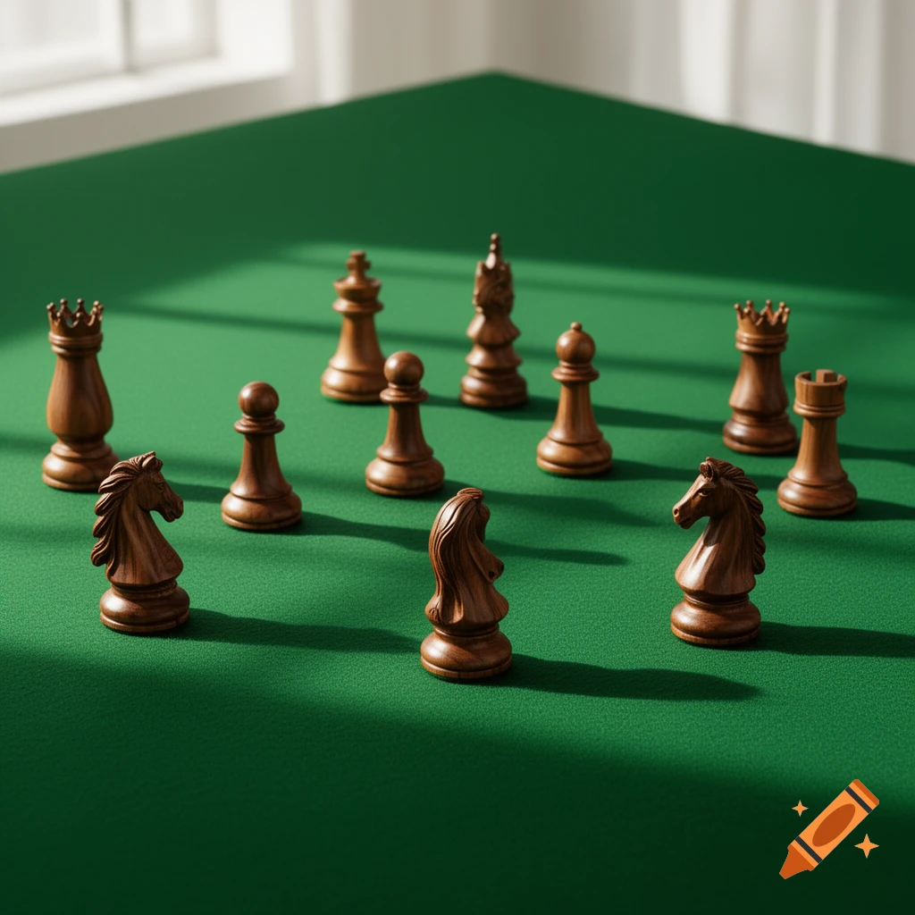 Wooden chess pieces scattered on a plain green surface, bathed in sunlight from a window, photorealistic.