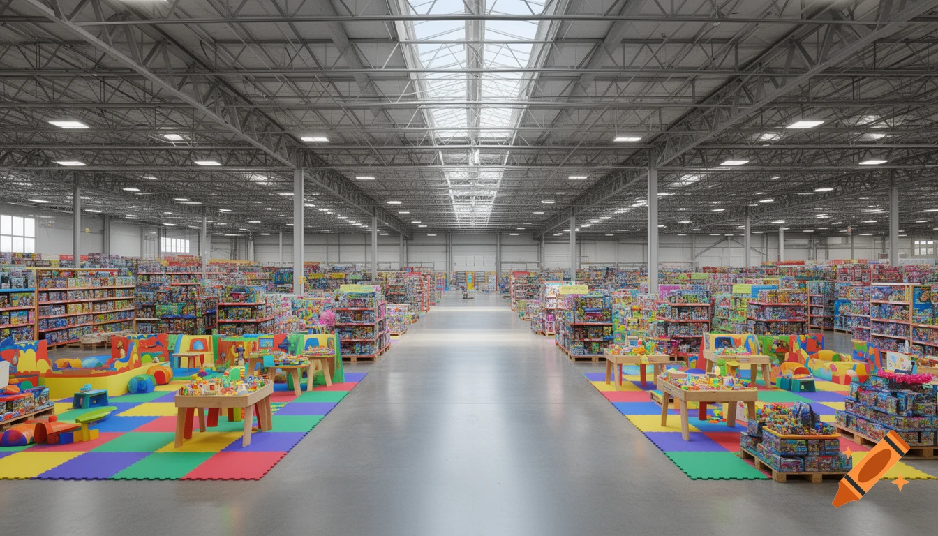 A massive, brightly lit warehouse-style toy store interior featuring wide aisles, industrial ceilings, and colorful play zones with foam mats and toy tables.