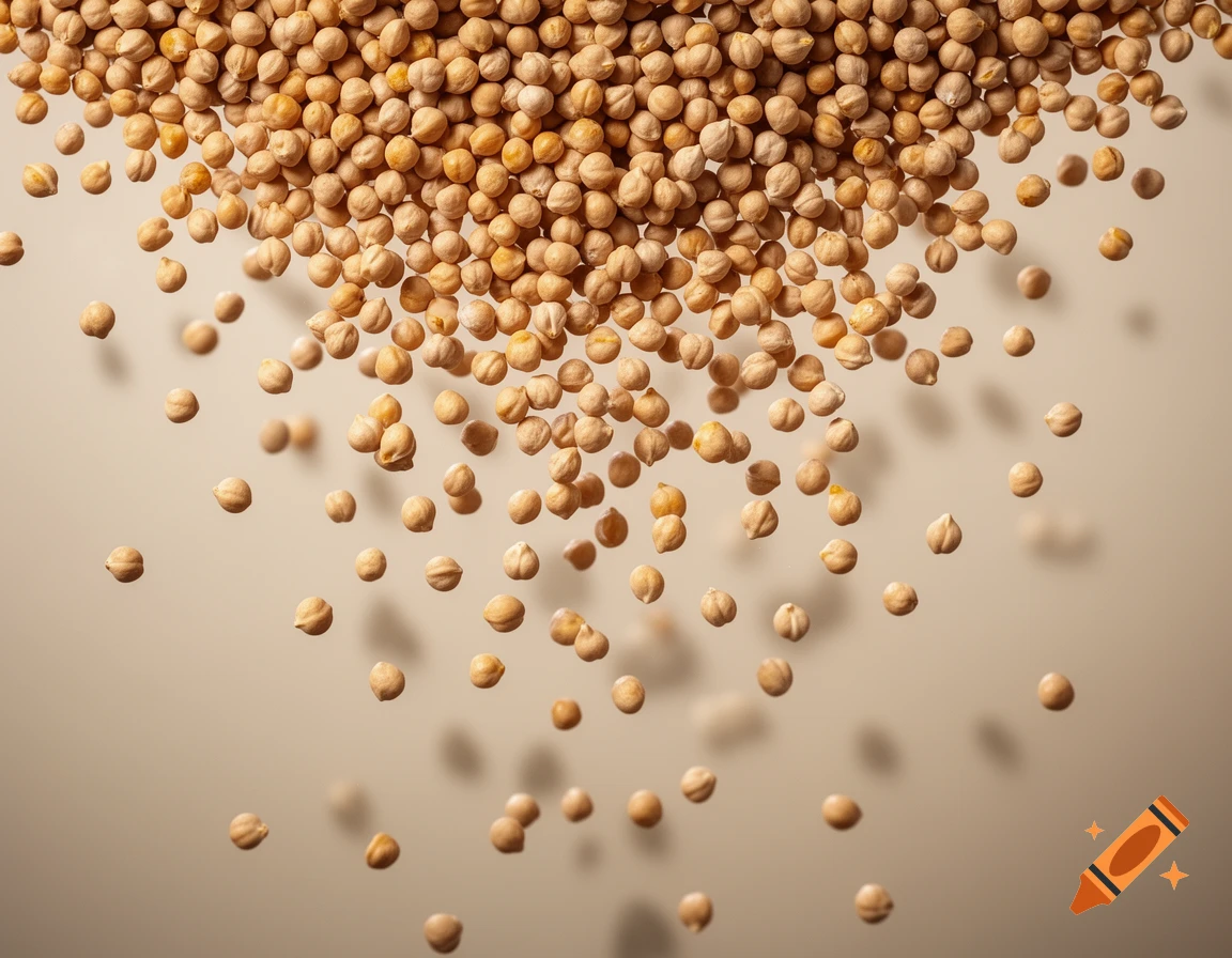 Photorealistic image of many garbanzo beans falling down on a light beige background.