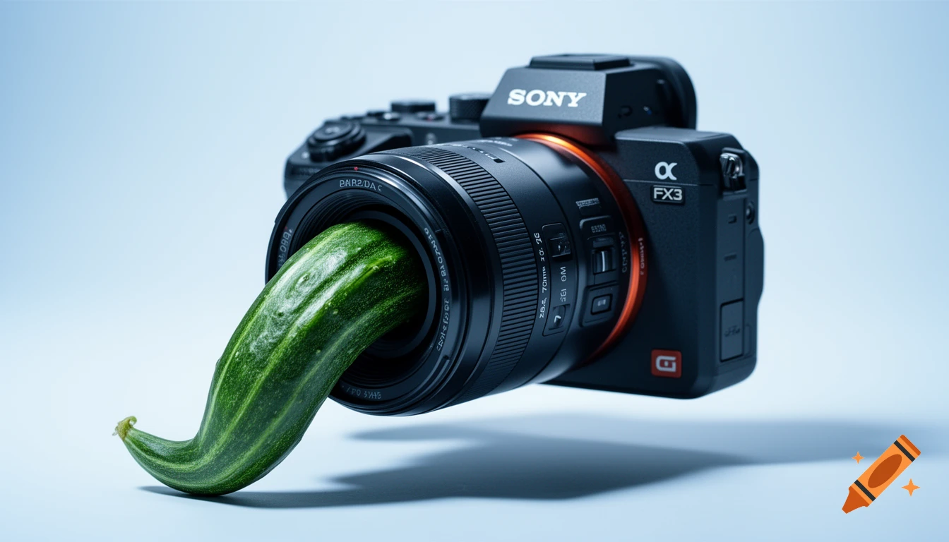 A Sony FX3 mirrorless camera with a green, curved cucumber-like object replacing the lens, set against a bright light blue background.