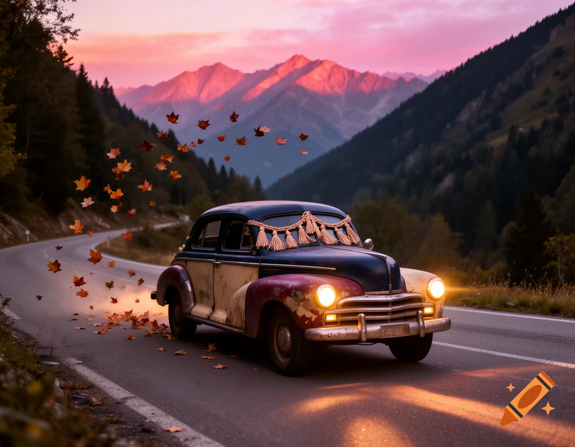 A vintage, multi-colored car with tassels drives on a winding mountain road at sunset, with autumn leaves falling.