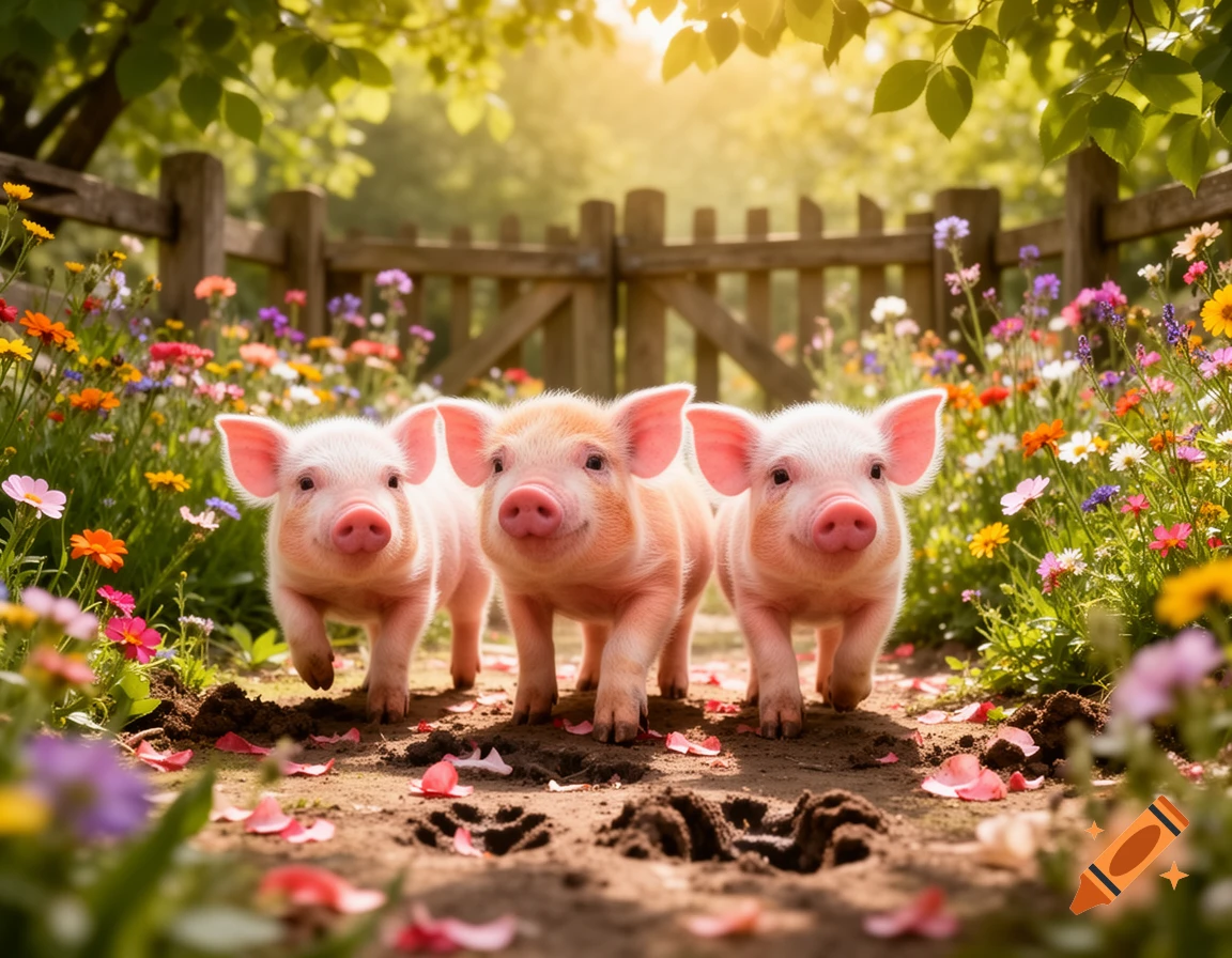 Three pink piglets walk on a dirt path through a vibrant garden filled with colorful wildflowers and sunlit foliage.