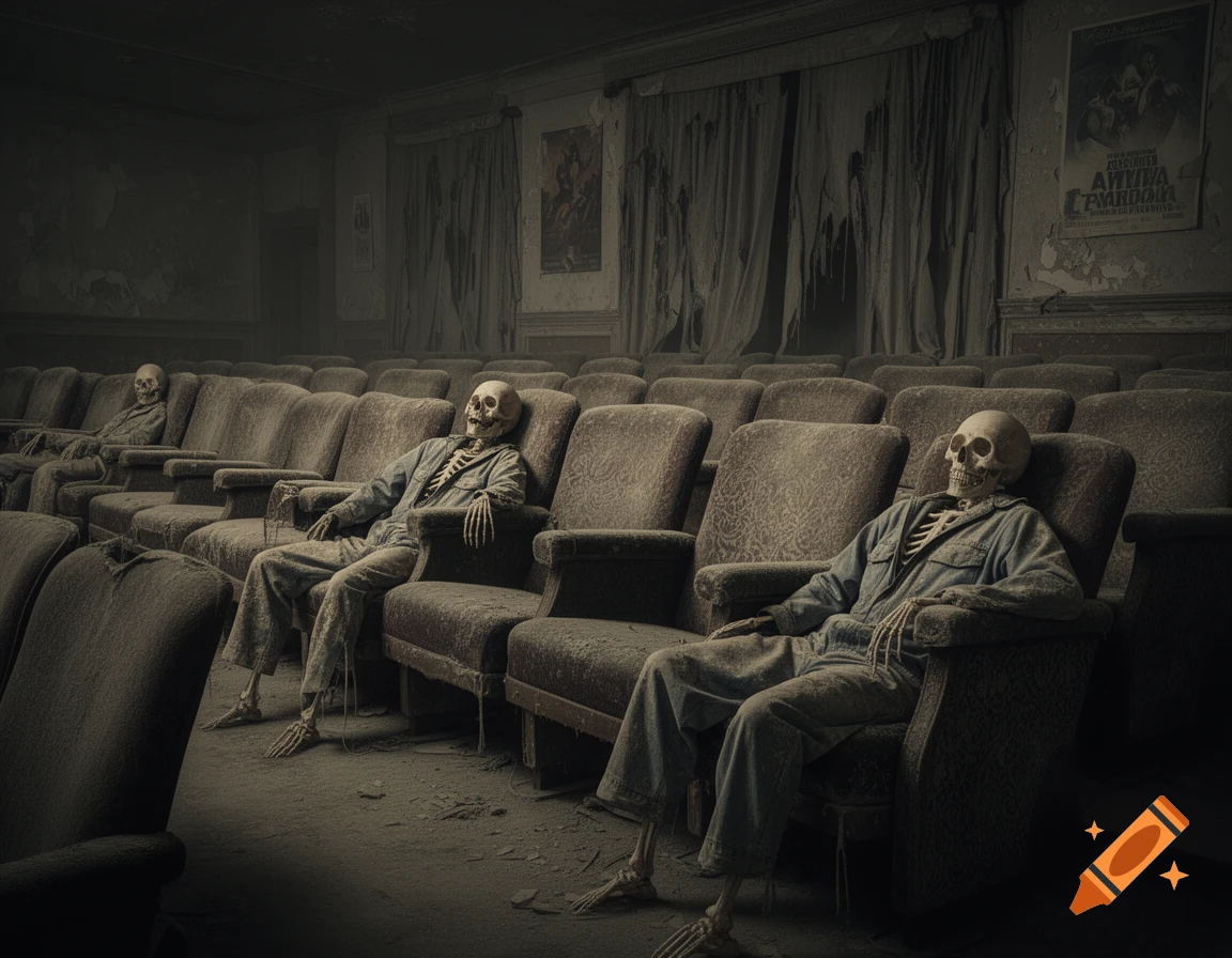 Photorealistic image of skeletons in jumpsuits slouched over in the dusty seats of a dark, abandoned movie theater.