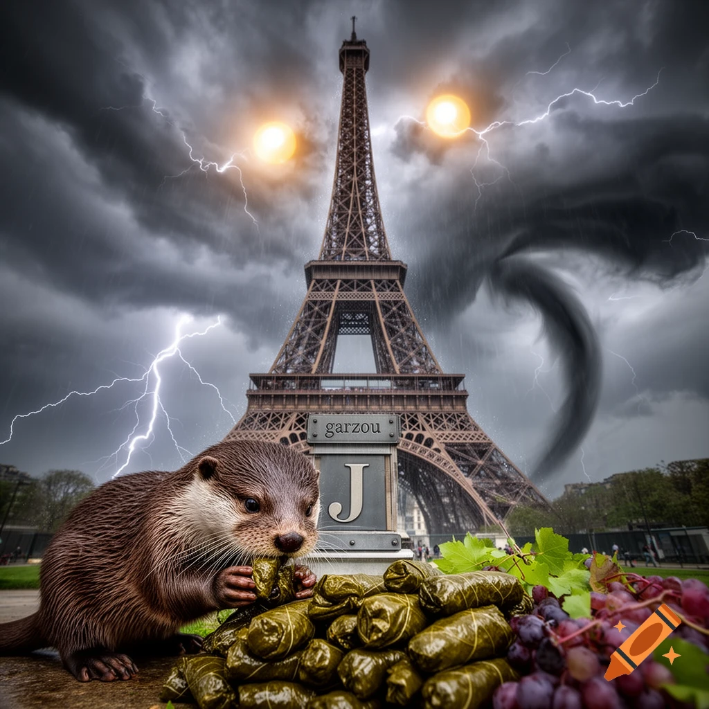 A photorealistic otter eats dolmas with grapes. In the background, the Eiffel Tower stands under a stormy sky with lightning, a tornado, and two glowing suns, with 'garzou J' text.