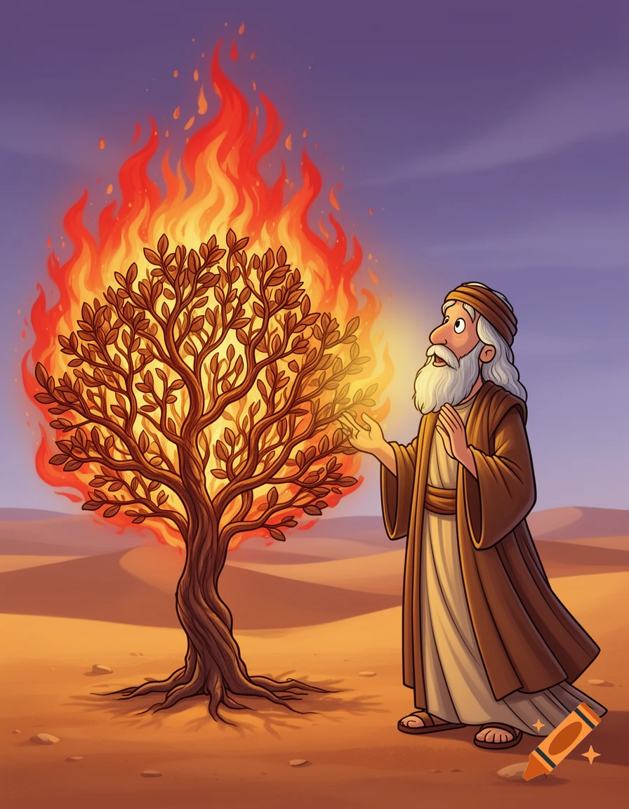 Cartoon illustration of Moses in a desert looking with awe at a burning bush.