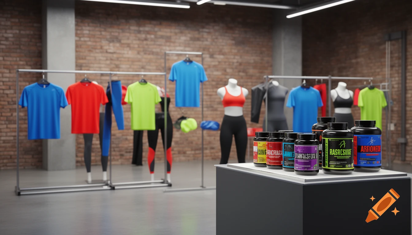 An interior view of a sports apparel and supplement store, featuring various colored athletic wear on mannequins and racks, with supplement bottles displayed on a counter in the foreground. The background has a brick wall.