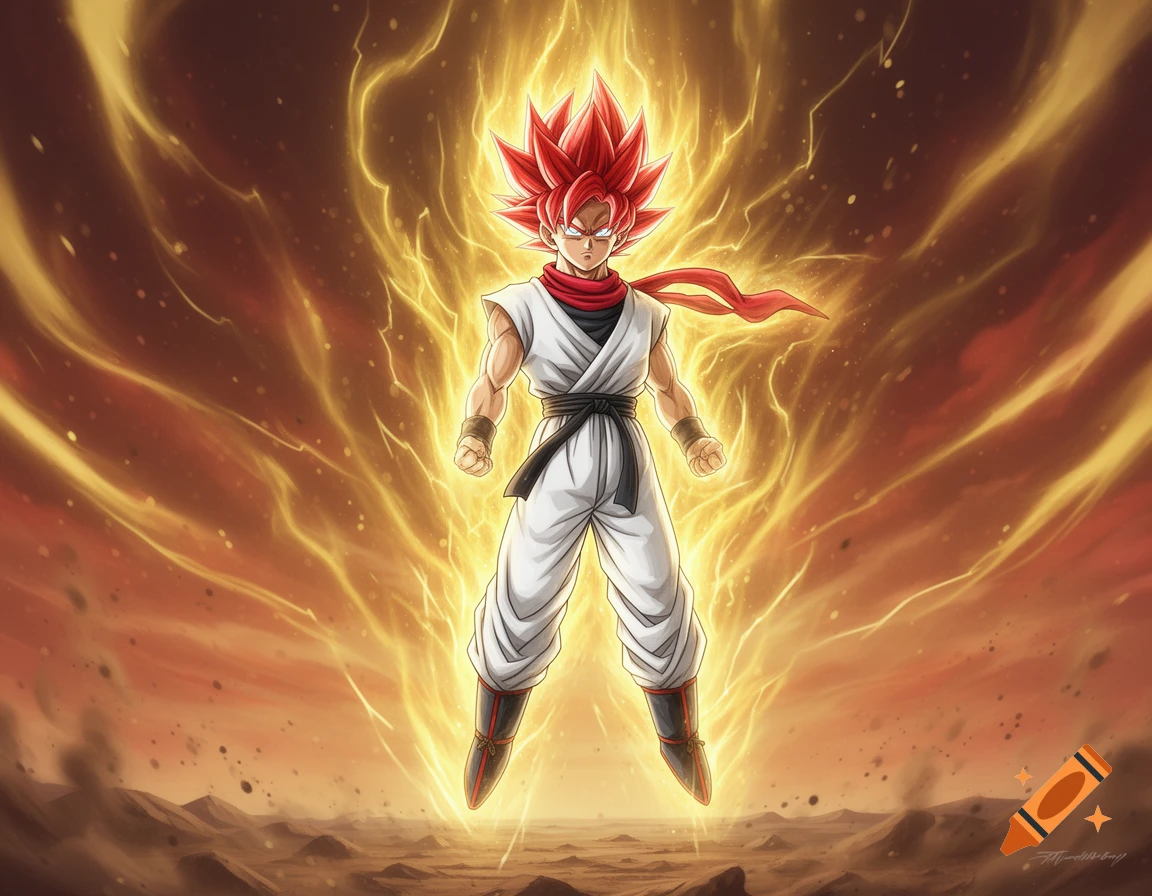 An anime character in a white gi with red spiky hair and a red scarf, surrounded by a golden energy aura, standing on a desolate landscape.