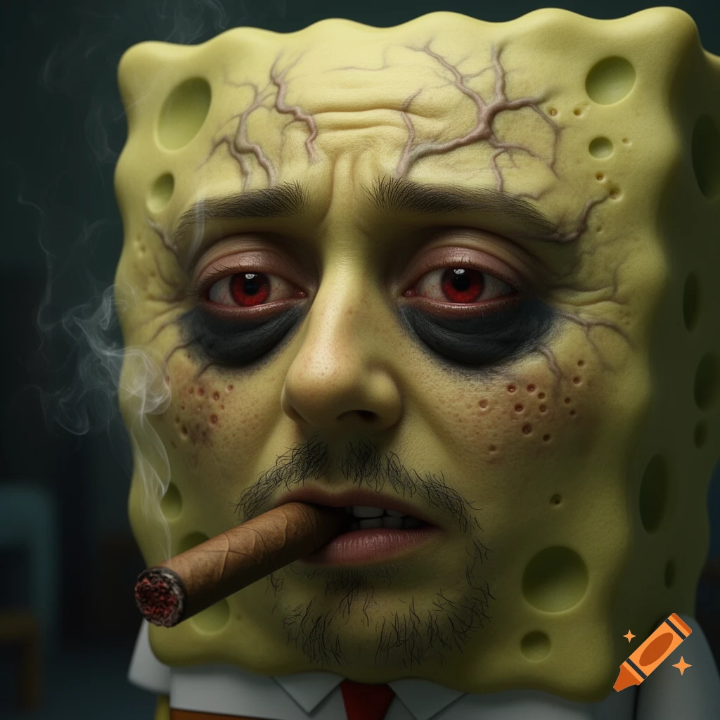 Hyperrealistic, grotesque Spongebob with bloodshot eyes, dark circles, facial hair, and visible veins smoking a cigar.